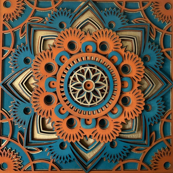 Blue and Orange Multilayered Wooden Art 18”x18” - Picture 1 of 3